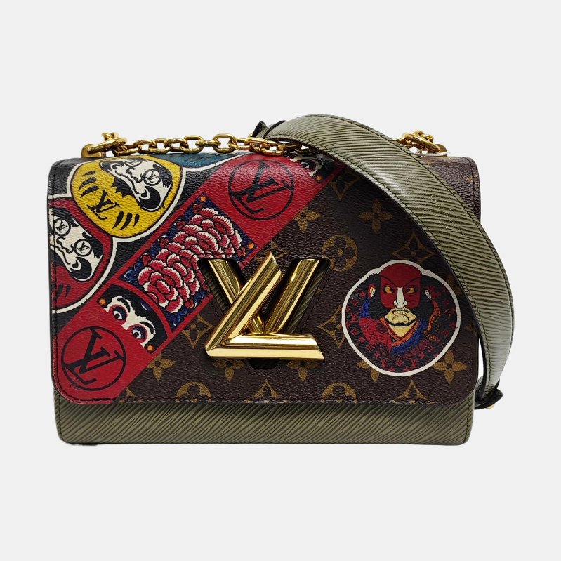 LOUIS VUITTON TWIST中號棕色塗層帆布老花水波紋單肩包斜挎包金色五金可拆卸肩帶-7