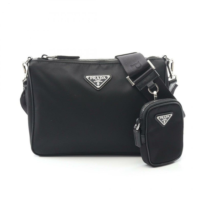 PRADA Re-Nylon 肩挎包 2VH113 尼龍 Saffiano 皮革 黑色 二手-0