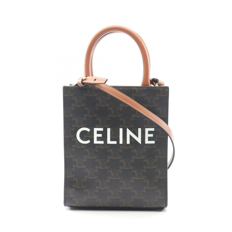 CELINE Mini Vertical Cabas Triomphe 單肩手提包，帆布皮革，黑色/棕色-0