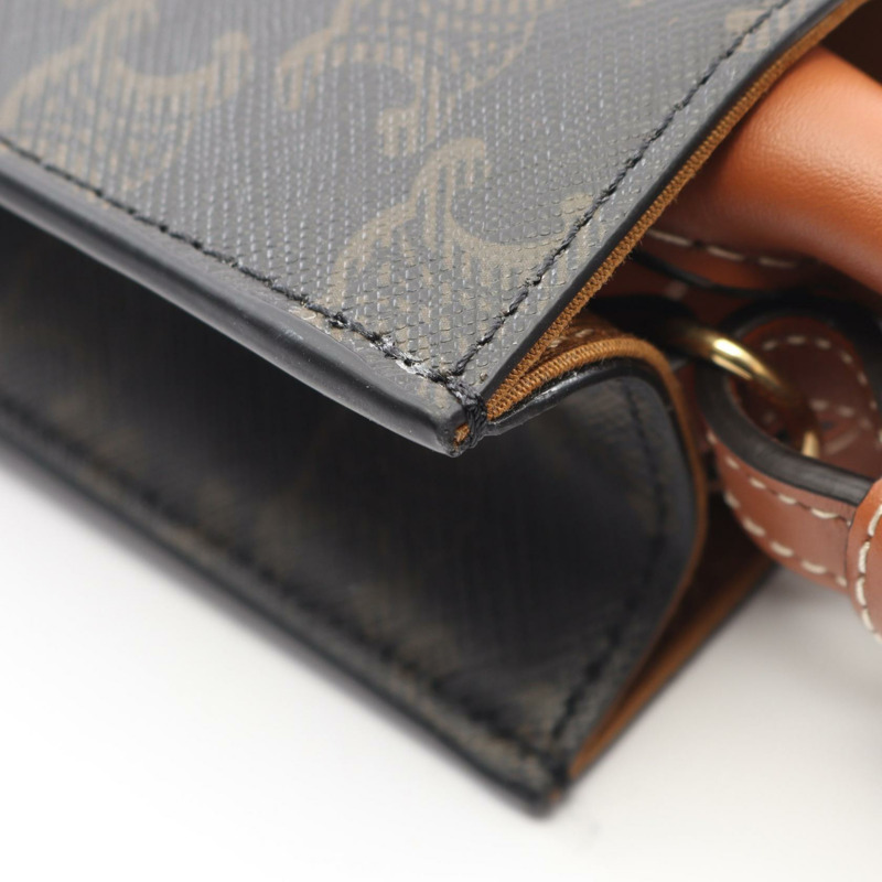 CELINE Mini Vertical Cabas Triomphe 單肩手提包，帆布皮革，黑色/棕色-5