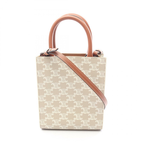CELINE Mini Vertical Cabas Triomphe 單肩手提包，帆布皮革，米色，二手