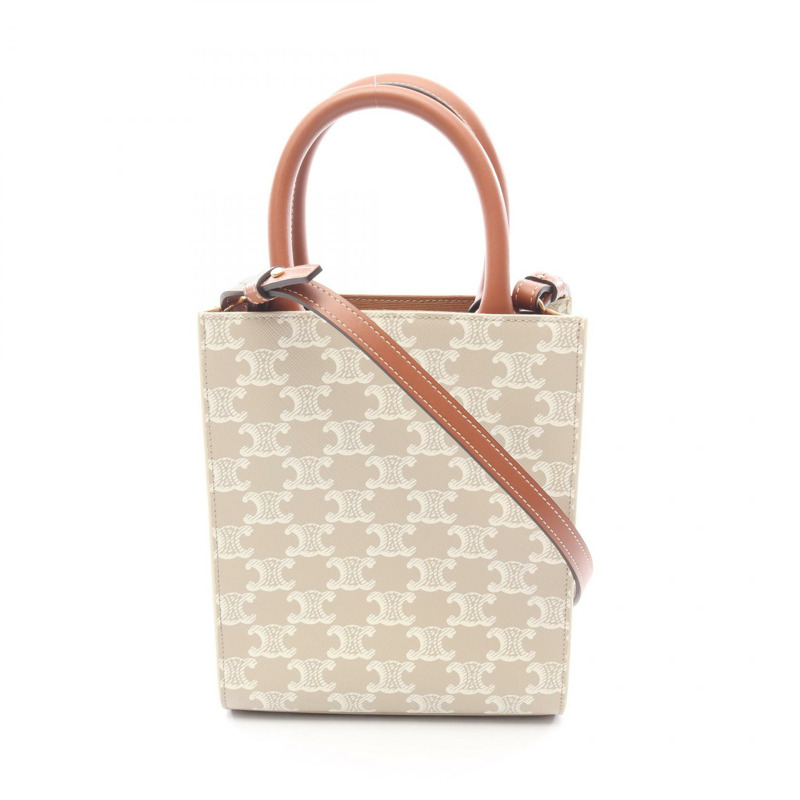 CELINE Mini Vertical Cabas Triomphe 單肩手提包，帆布皮革，米色，二手-0