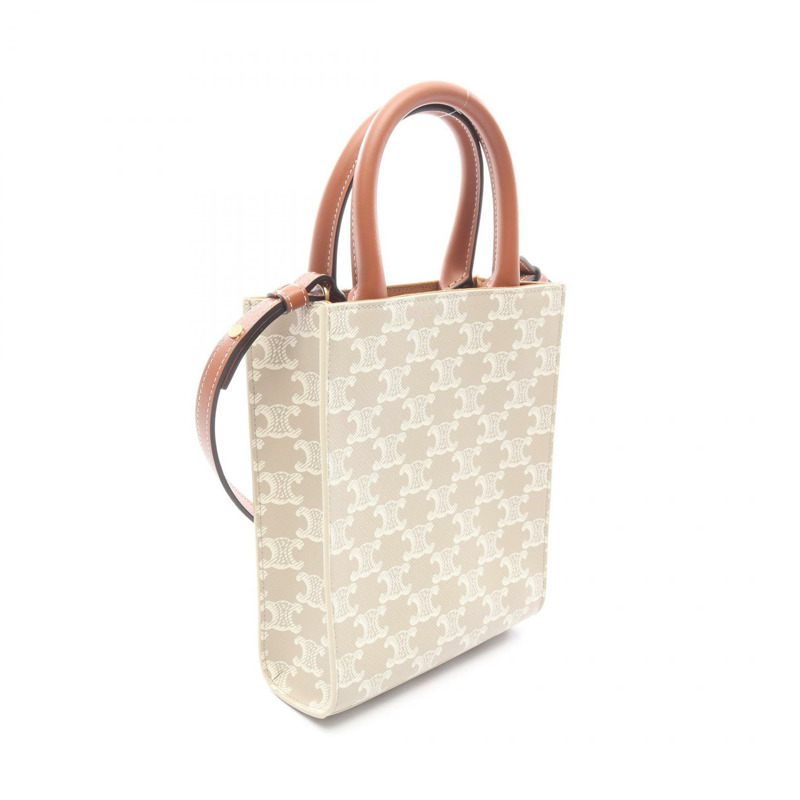 CELINE Mini Vertical Cabas Triomphe 單肩手提包，帆布皮革，米色，二手-1