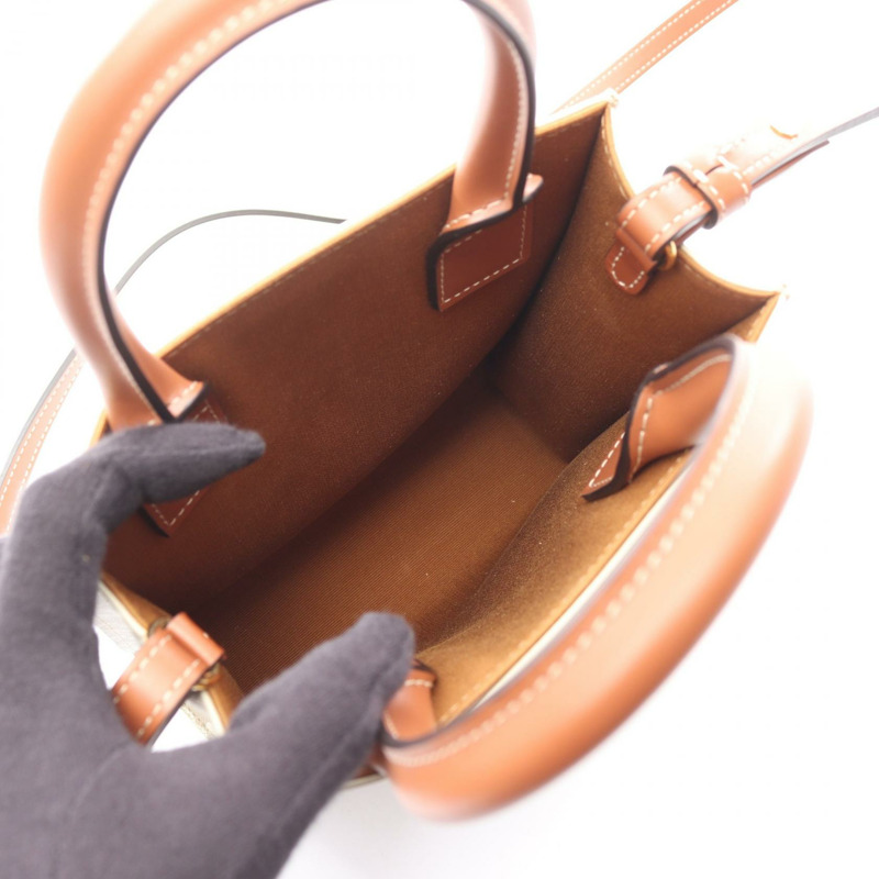 CELINE Mini Vertical Cabas Triomphe 單肩手提包，帆布皮革，米色，二手-2