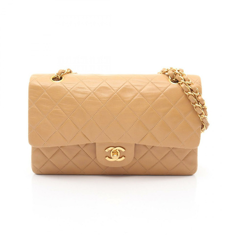 香奈兒 (CHANEL) 絎縫雙蓋鏈條肩背包，羊皮，米色，二手 CC