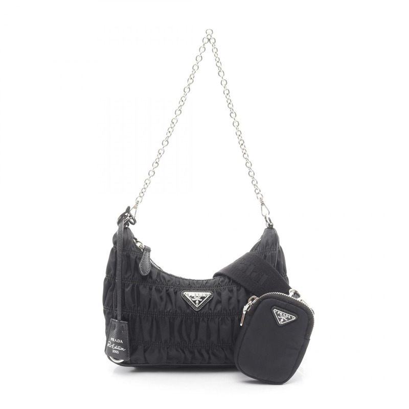 PRADA 2005 復刻版鏈條肩背包 1BH204 尼龍皮革 黑色 二手-0