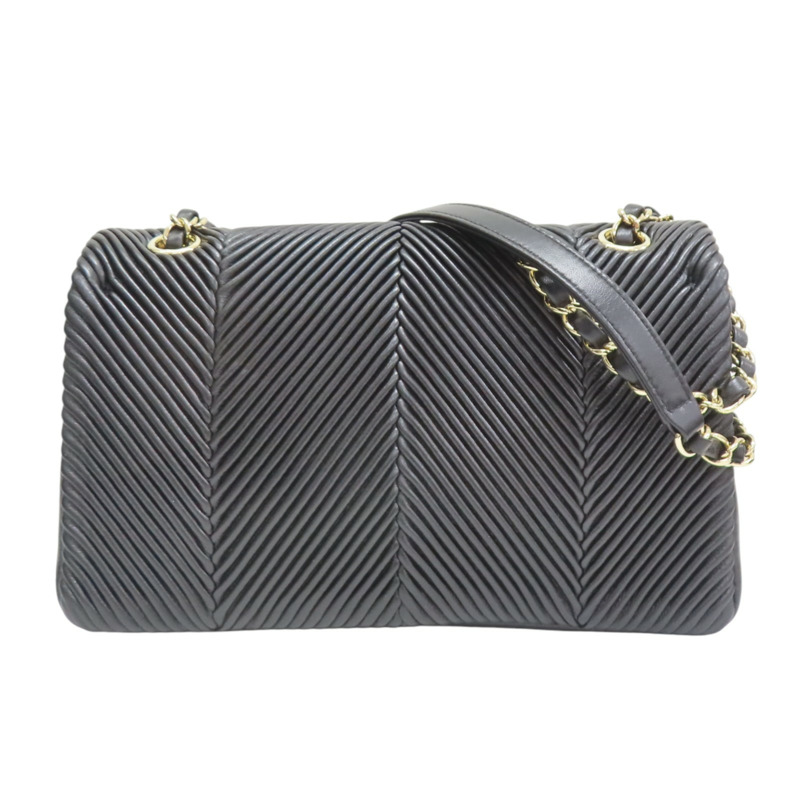 黑色 斜紋羊皮 鍊帶肩背包 金扣【CHANEL 香奈兒】-1