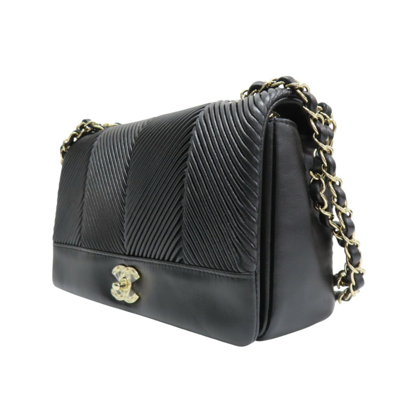 黑色 斜紋羊皮 鍊帶肩背包 金扣【CHANEL 香奈兒】-2