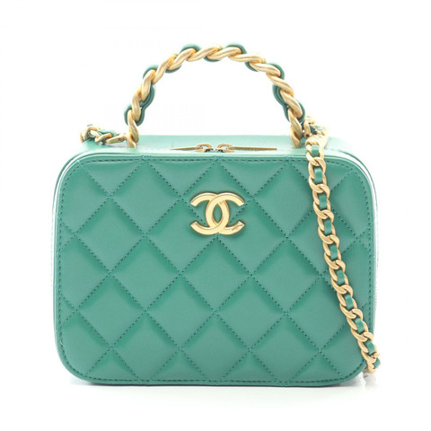 香奈兒 (CHANEL) 絎縫鏈條肩背斜背化妝包，綠色皮革，金色五金，二手 CC