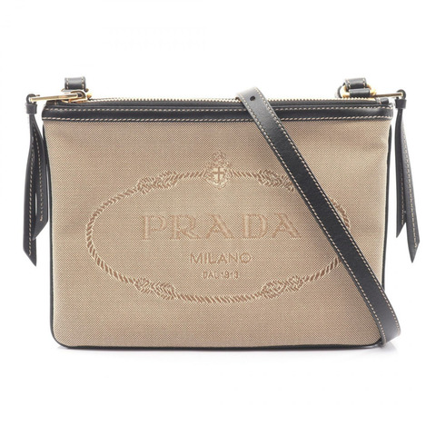 PRADA LOGO JACQUARD 單肩包 帆布皮革 米色 黑色 二手 女士
