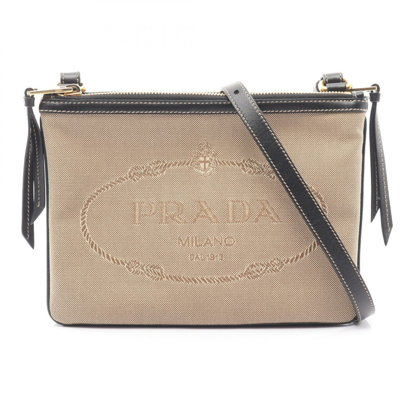 PRADA LOGO JACQUARD 單肩包 帆布皮革 米色 黑色 二手 女士-0