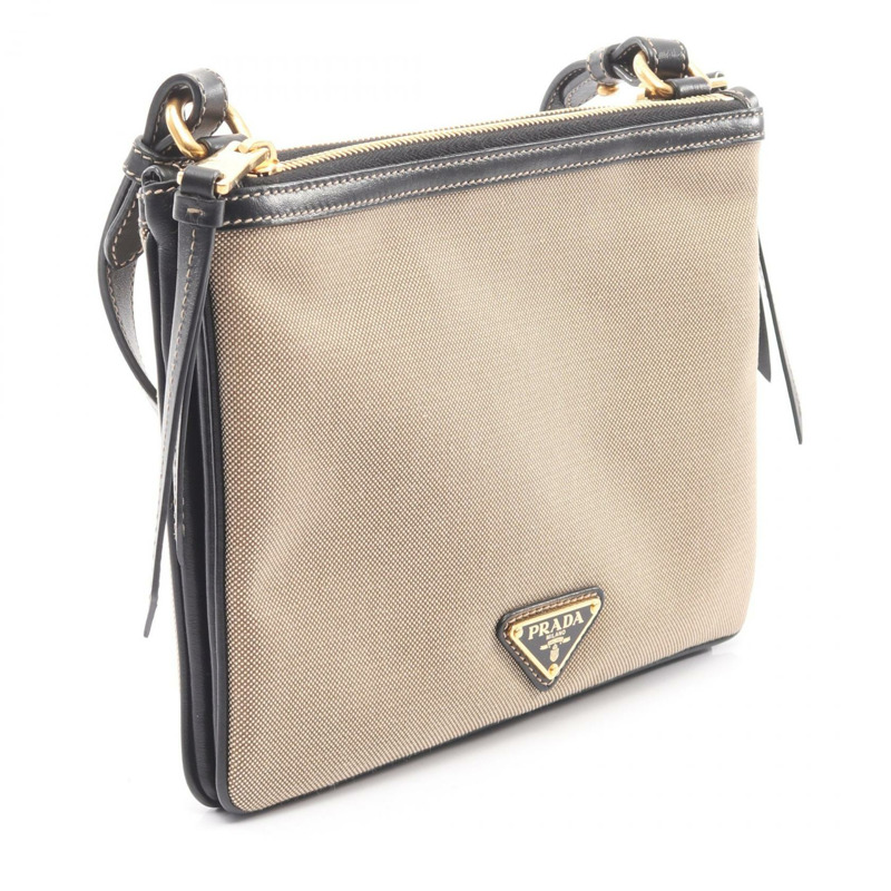 PRADA LOGO JACQUARD 單肩包 帆布皮革 米色 黑色 二手 女士-1