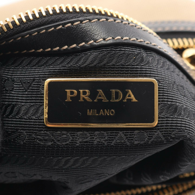 PRADA LOGO JACQUARD 單肩包 帆布皮革 米色 黑色 二手 女士-3