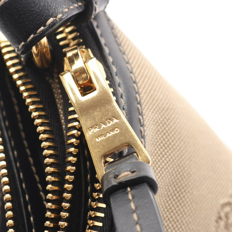 PRADA LOGO JACQUARD 單肩包 帆布皮革 米色 黑色 二手 女士-5
