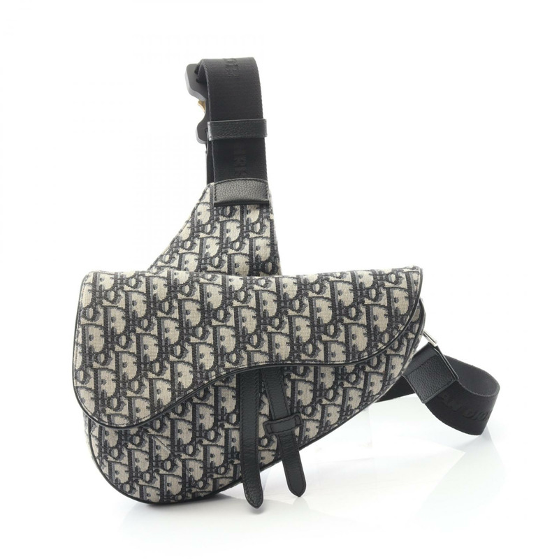 Dior SADDLE Oblique Jacquard 腰包 斜背包 帆布 皮革 米色 海軍藍 二手-0