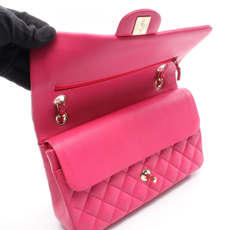 香奈兒 (CHANEL) Matelasse 雙蓋鏈條肩背包 A01112 粉紅羊皮金色五金二手-8