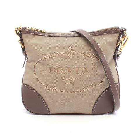 PRADA LOGO JACQUARD 斜背肩背包 BT867A 帆布皮革 米棕色