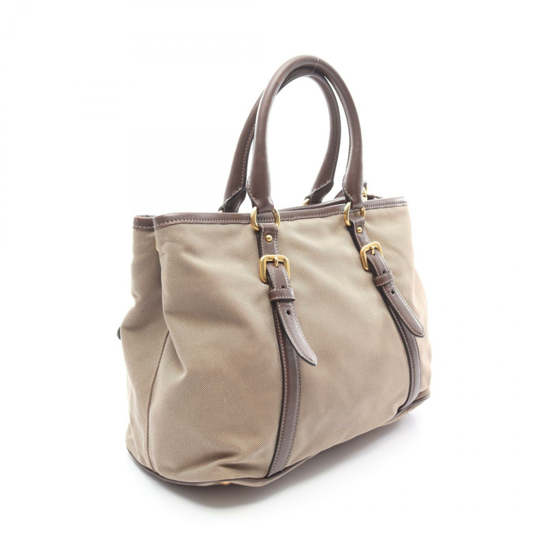 PRADA Logo Jacquard 2Way Tote 手提包，帆布皮革材質，米色/棕色，二手女款-1