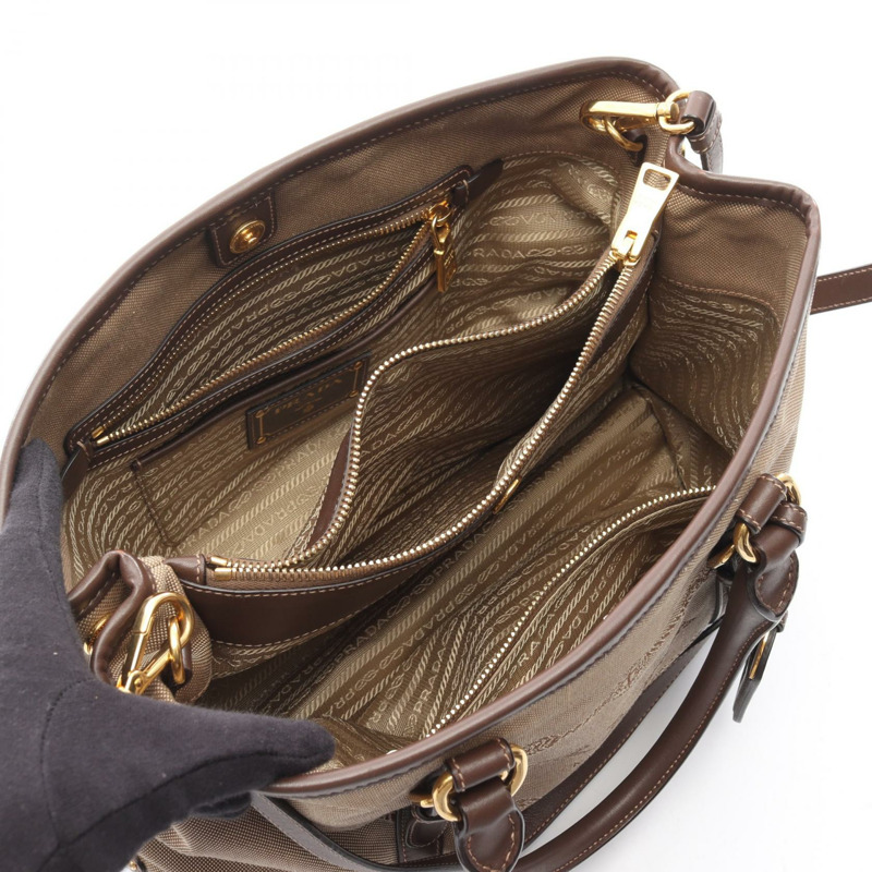 PRADA Logo Jacquard 2Way Tote 手提包，帆布皮革材質，米色/棕色，二手女款-2