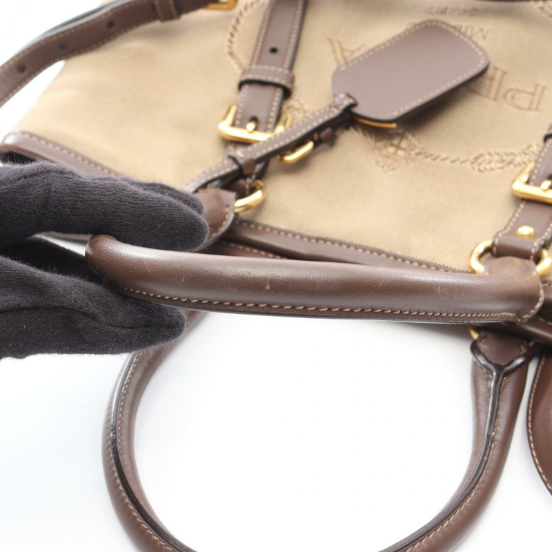 PRADA Logo Jacquard 2Way Tote 手提包，帆布皮革材質，米色/棕色，二手女款-10