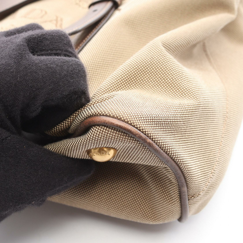 PRADA Logo Jacquard 2Way Tote 手提包，帆布皮革材質，米色/棕色，二手女款-13