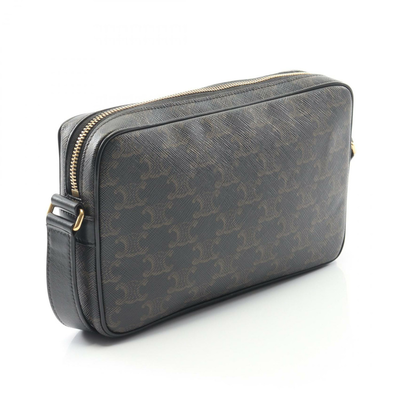 CELINE Triomphe 中斜背包，帆布皮革，棕色/黑色，二手-1