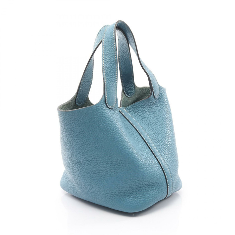 愛馬仕 Picotin Lock PM 手提包，Clemence 皮革，藍色牛仔布，SHW T 二手女款-1