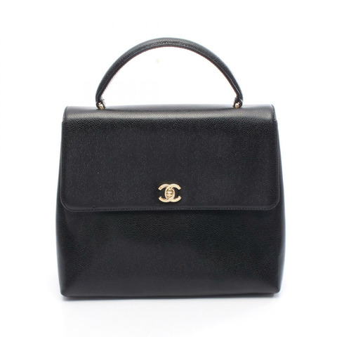 香奈兒 COCO 標誌頂部手柄手提包，黑色小牛皮，二手女士 CC