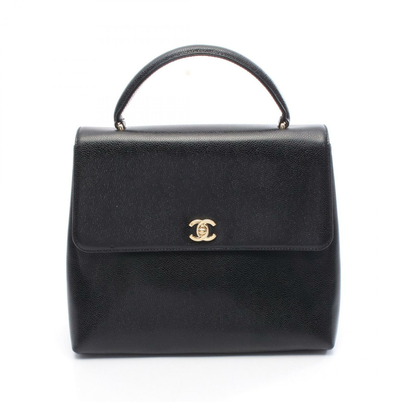 香奈兒 COCO 標誌頂部手柄手提包，黑色小牛皮，二手女士 CC-0
