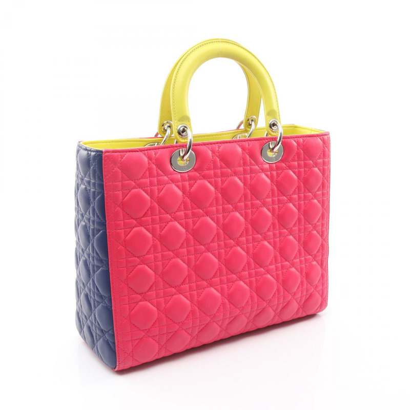 Christian Dior Lady Dior 大型 Cannage 單肩手提包，皮革材質，粉紅色/黃色，二手-1