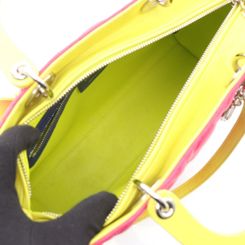 Christian Dior Lady Dior 大型 Cannage 單肩手提包，皮革材質，粉紅色/黃色，二手-2