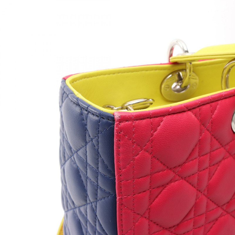 Christian Dior Lady Dior 大型 Cannage 單肩手提包，皮革材質，粉紅色/黃色，二手-5