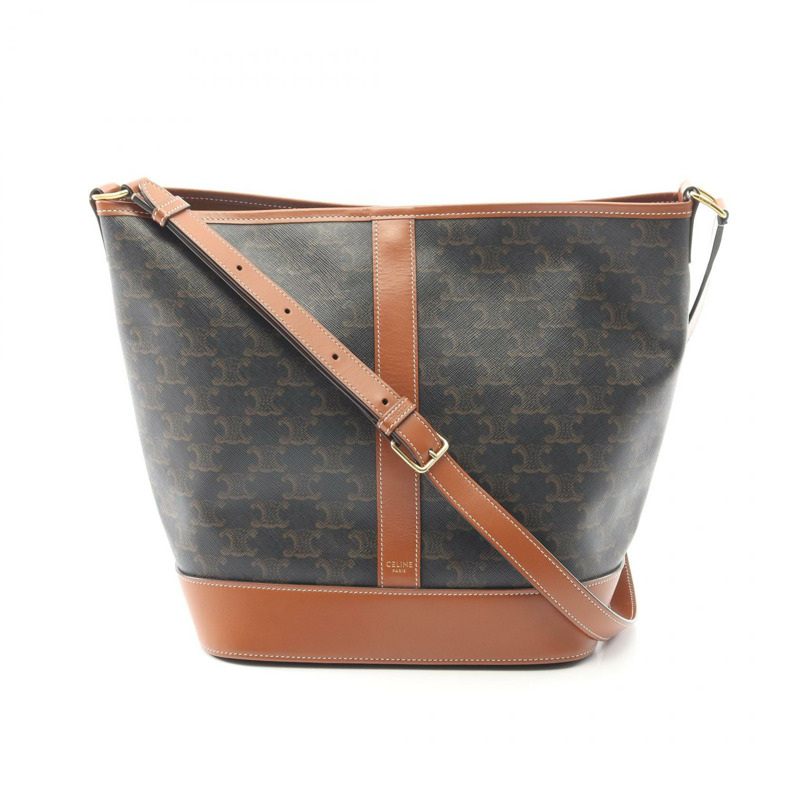 CELINE 中型 Triomphe 單背包，帆布皮革，黑色/棕色，二手女款-0