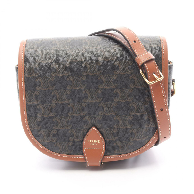 CELINE Folco 中型 Triomphe 肩挎包，帆布皮革材質，棕色，二手-0