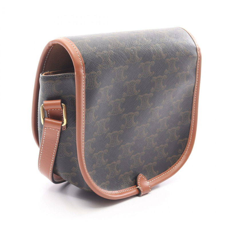 CELINE Folco 中型 Triomphe 肩挎包，帆布皮革材質，棕色，二手-1