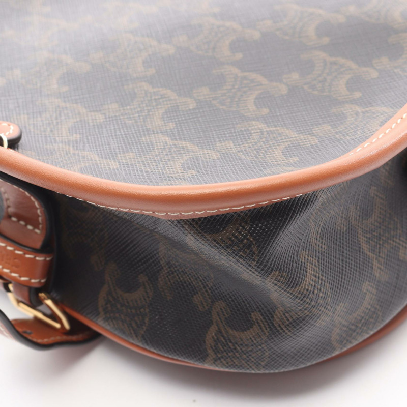 CELINE Folco 中型 Triomphe 肩挎包，帆布皮革材質，棕色，二手-5