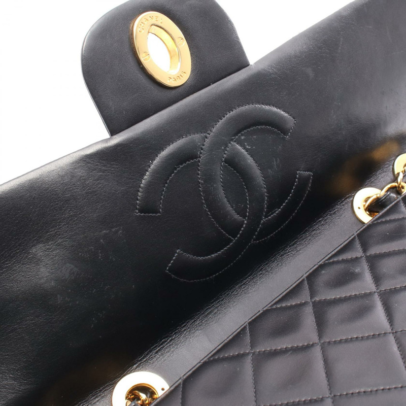 香奈兒 Deca Matelasse 34 單翻蓋鏈條肩背包，黑色皮革，金色五金 CC-6