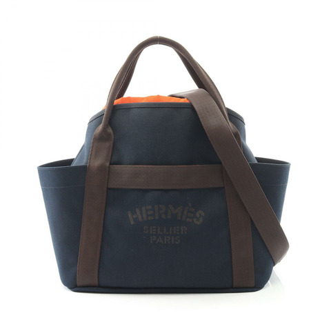 HERMES Sac de Pansage 單肩托特包 Z Toile 軍事 V 形海軍棕色 SHW