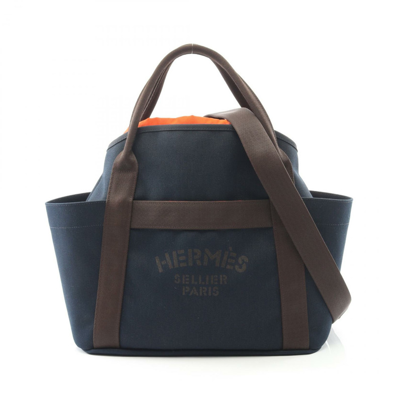 HERMES Sac de Pansage 單肩托特包 Z Toile 軍事 V 形海軍棕色 SHW-0