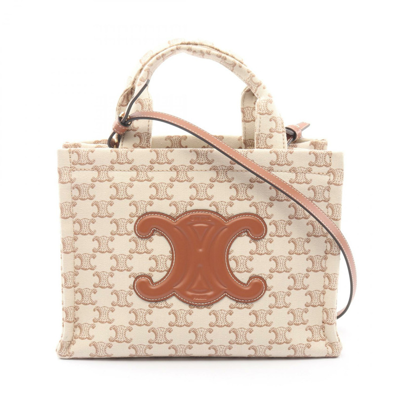 CELINE SMALL CABAS Triomphe 單肩托特包 帆布皮革 米色 棕色 二手-0