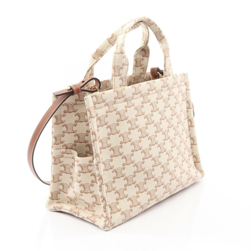 CELINE SMALL CABAS Triomphe 單肩托特包 帆布皮革 米色 棕色 二手-1
