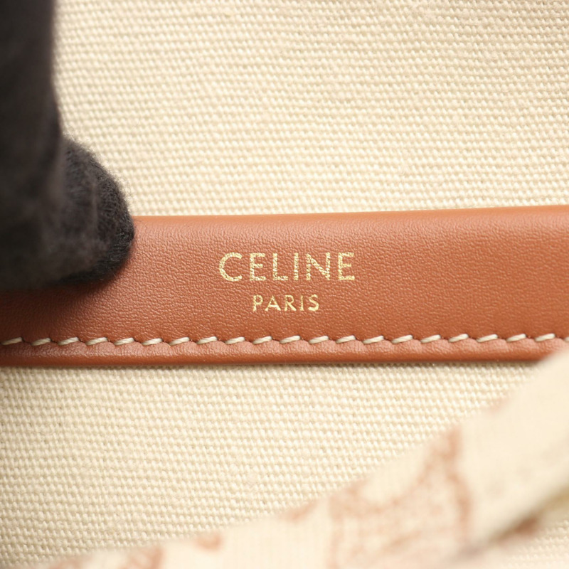 CELINE SMALL CABAS Triomphe 單肩托特包 帆布皮革 米色 棕色 二手-3