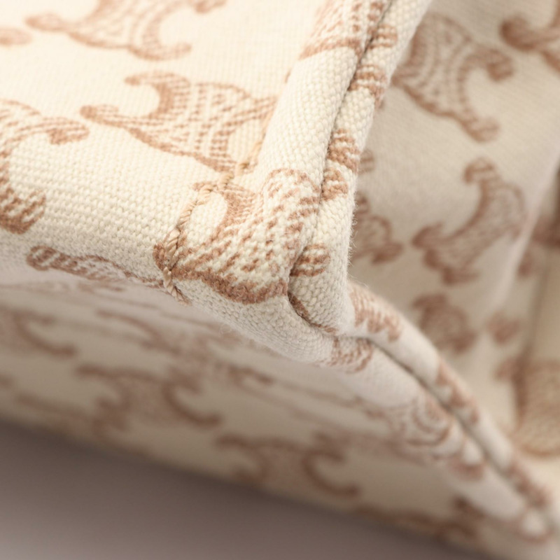 CELINE SMALL CABAS Triomphe 單肩托特包 帆布皮革 米色 棕色 二手-4