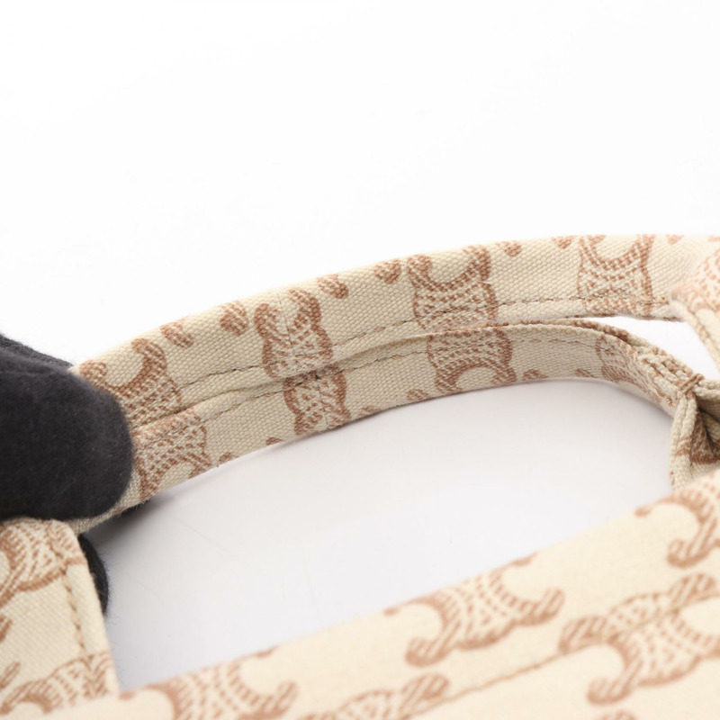 CELINE SMALL CABAS Triomphe 單肩托特包 帆布皮革 米色 棕色 二手-5