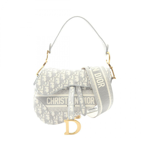 Dior 馬鞍包斜紋提花單肩背包帆布灰米色二手女款