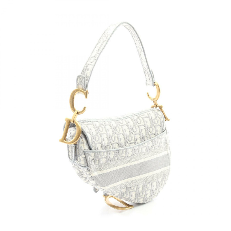 Dior 馬鞍包斜紋提花單肩背包帆布灰米色二手女款-1