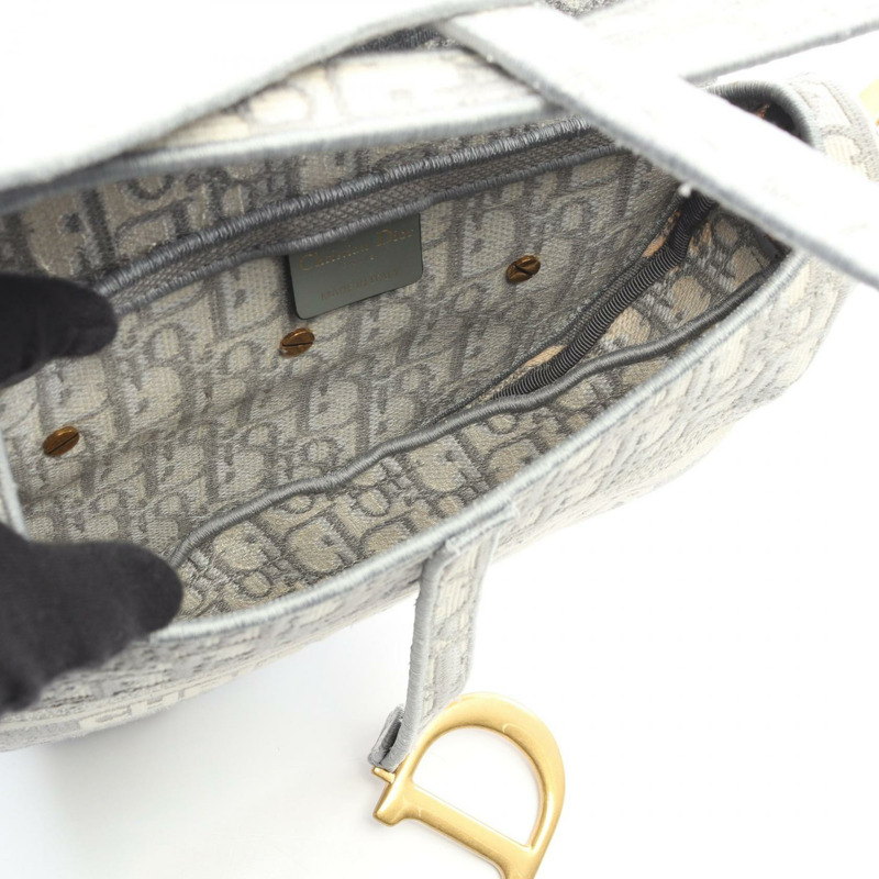Dior 馬鞍包斜紋提花單肩背包帆布灰米色二手女款-2