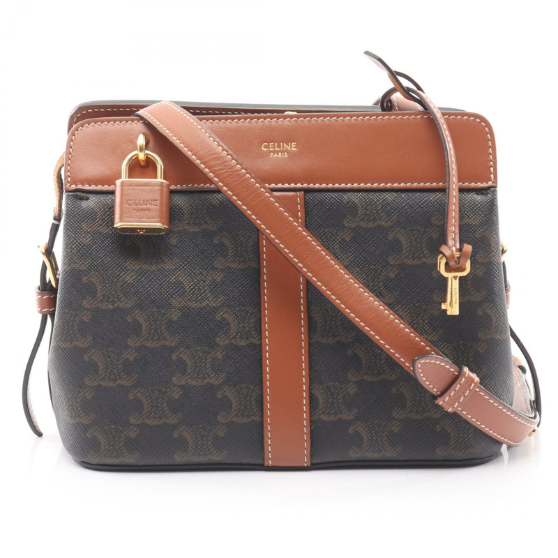 CELINE Teen Cabado France Triomphe 單肩包，帆布皮革，黑色/棕色，二手-0