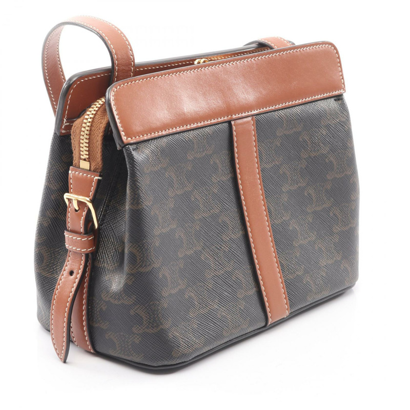 CELINE Teen Cabado France Triomphe 單肩包，帆布皮革，黑色/棕色，二手-1