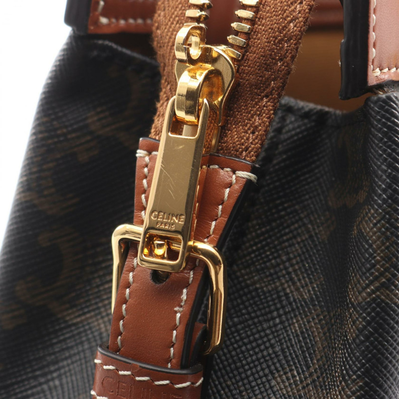 CELINE Teen Cabado France Triomphe 單肩包，帆布皮革，黑色/棕色，二手-5